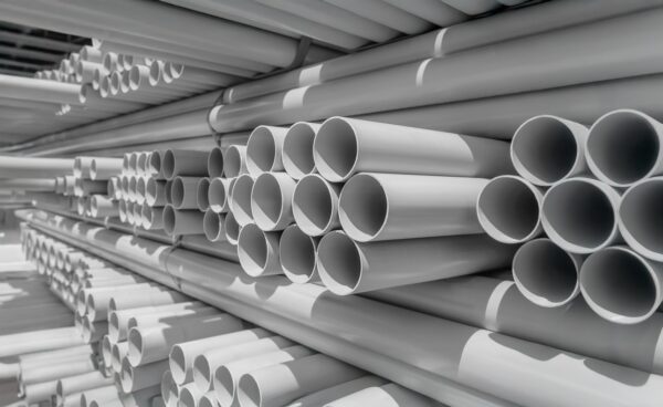 Tubos de PVC branco empilhados em estoque de armazém industrial para sistemas de água e esgoto na construção civil.
